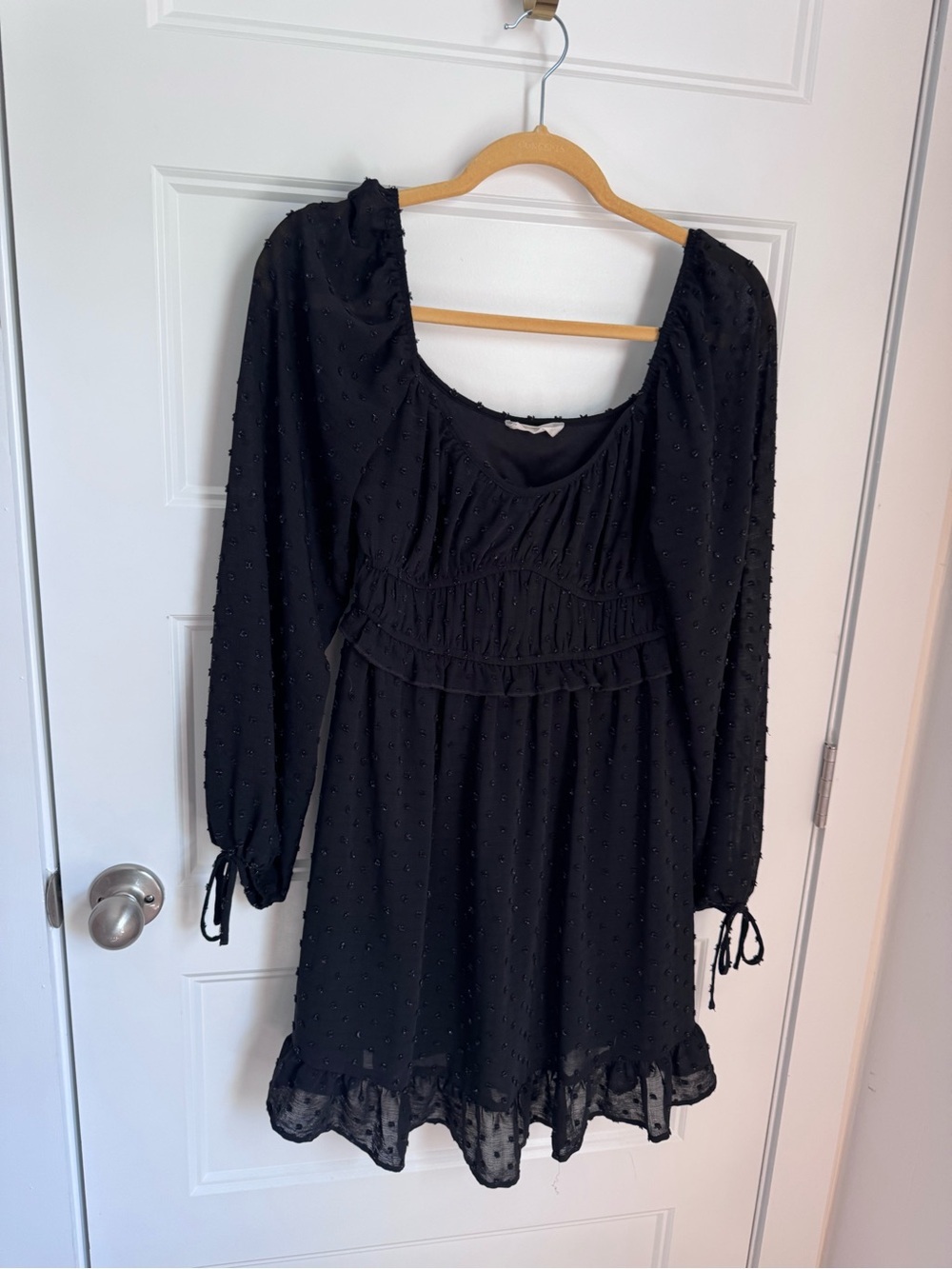 Altar'd State Black Long Sleeve Swiss-Dot Mini Dress